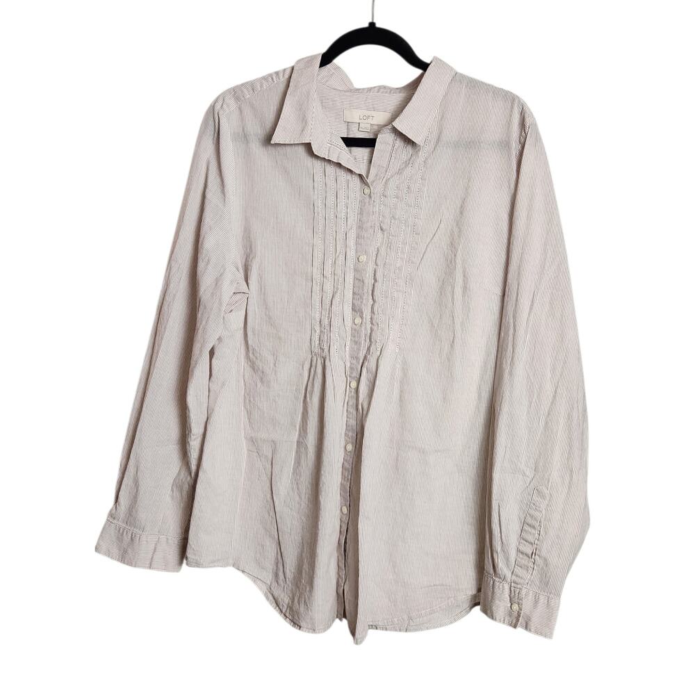LOFT Women's XXL Button-Down Shirt Brown and White Striped 100% Cotton